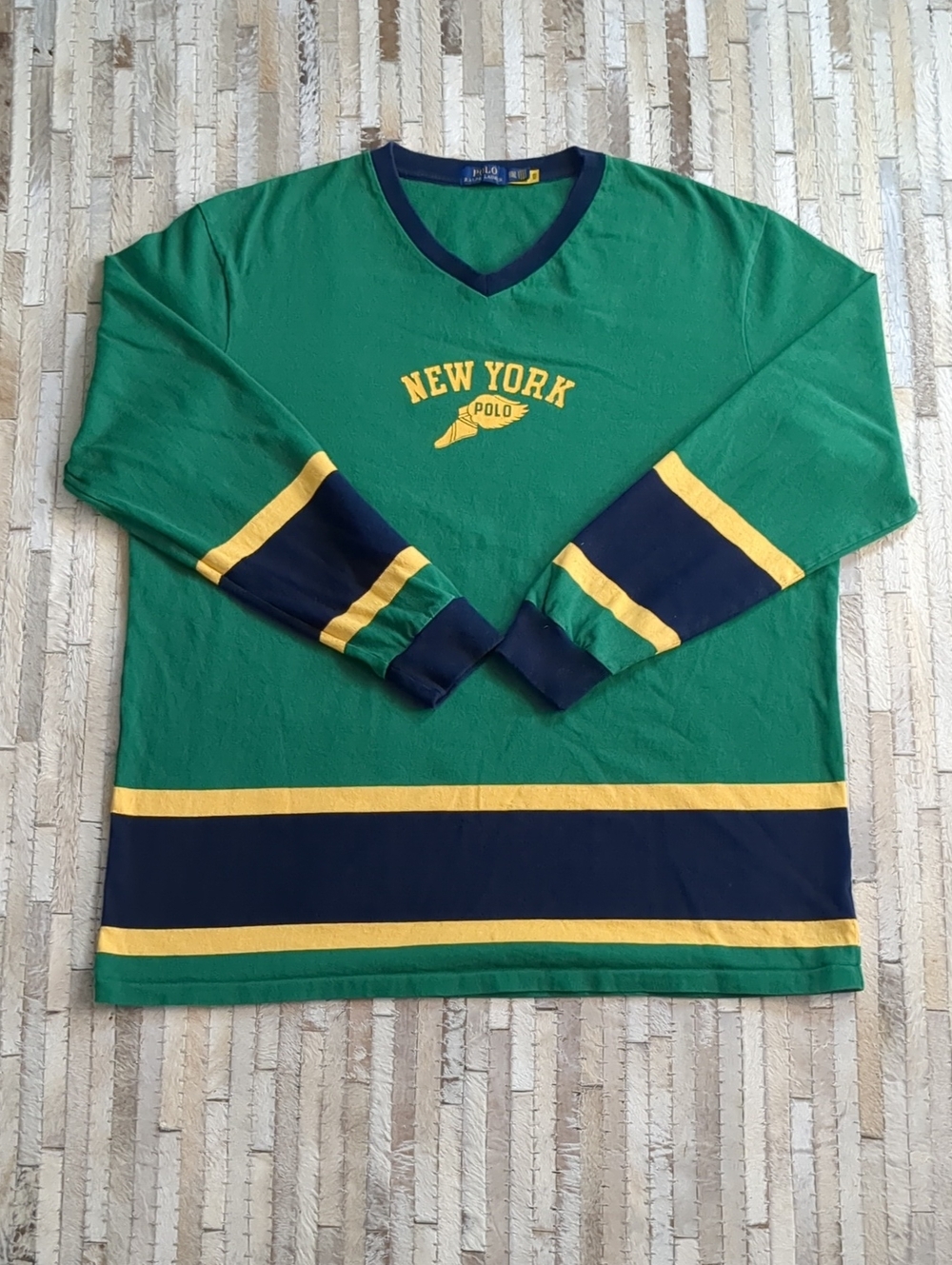Polo Ralph Lauren NY State Champs 67 Hockey Jersey V-Neck Green Long Sleeve 2XT
